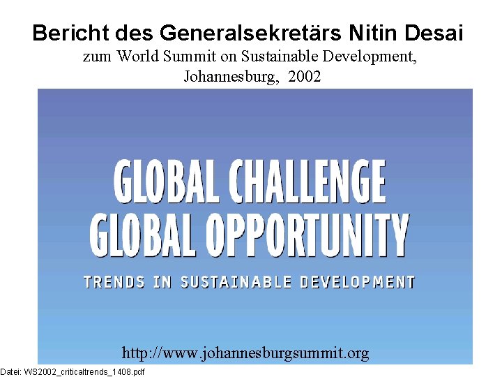 Bericht des Generalsekretärs Nitin Desai zum World Summit on Sustainable Development, Johannesburg, 2002 http: