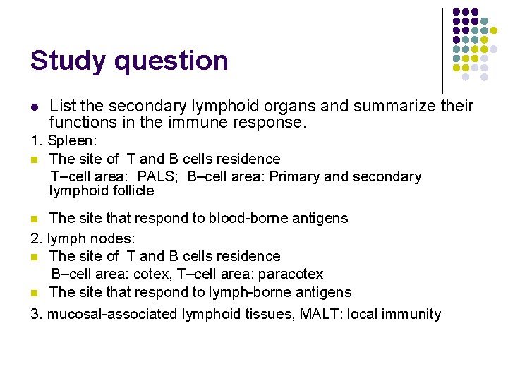 Study question l List the secondary lymphoid organs and summarize their functions in the