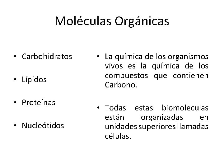 Moléculas Orgánicas • Carbohidratos • Lípidos • Proteínas • Nucleótidos • La química de