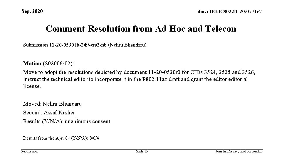 Sep. 2020 doc. : IEEE 802. 11 -20/0771 r 7 Comment Resolution from Ad