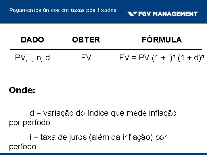 Pagamentos únicos em taxas pós-fixadas DADO OBTER FÓRMULA PV, i, n, d FV FV