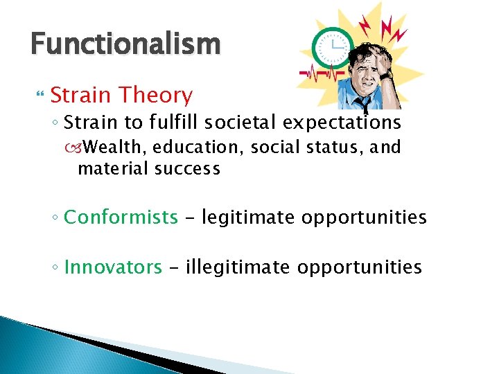 Functionalism Strain Theory ◦ Strain to fulfill societal expectations Wealth, education, social status, and Functionalism Strain Theory ◦ Strain to fulfill societal expectations Wealth, education, social status, and
