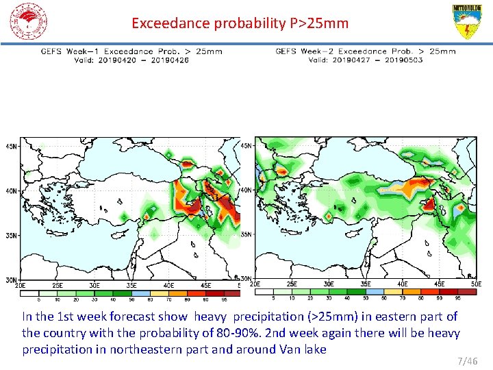 Exceedance probability P>25 mm In the 1 st week forecast show heavy precipitation (>25