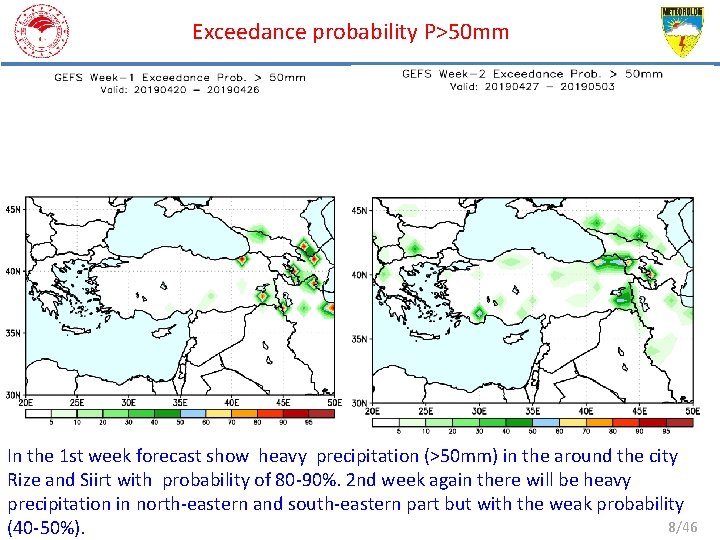 Exceedance probability P>50 mm In the 1 st week forecast show heavy precipitation (>50