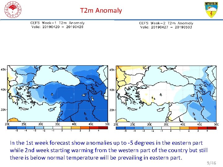 T 2 m Anomaly In the 1 st week forecast show anomalies up to