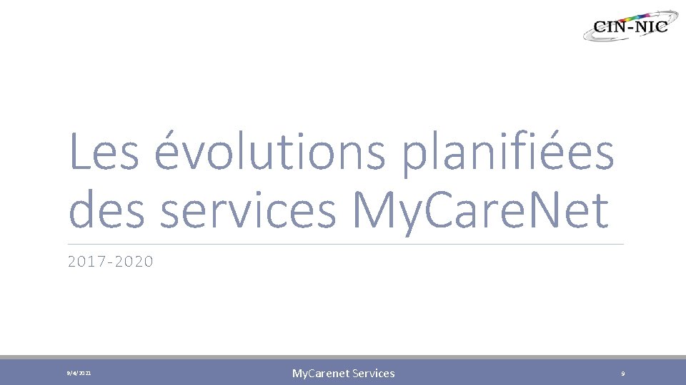 Les évolutions planifiées des services My. Care. Net 2017 -2020 9/4/2021 My. Carenet Services