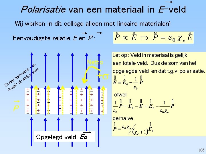 Polarisatie van een materiaal in E-veld Wij werken in dit college alleen met lineaire