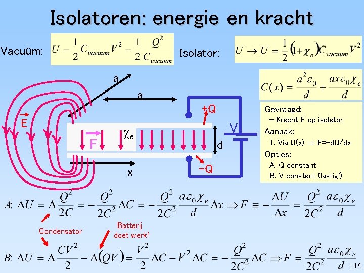 Isolatoren: energie en kracht Vacuüm: Isolator: a a +Q E F Condensator V e