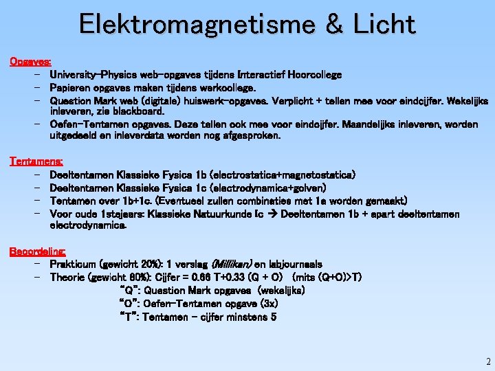 Elektromagnetisme & Licht Opgaves: – University-Physics web-opgaves tijdens Interactief Hoorcollege – Papieren opgaves maken