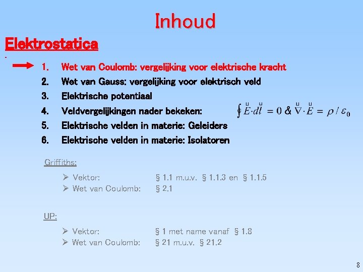 Inhoud Elektrostatica 1. 2. 3. 4. 5. 6. Wet van Coulomb: vergelijking voor elektrische