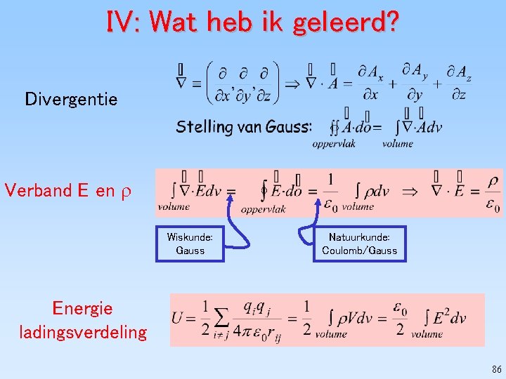 IV: Wat heb ik geleerd? Divergentie Verband E en Wiskunde: Gauss Natuurkunde: Coulomb/Gauss Energie