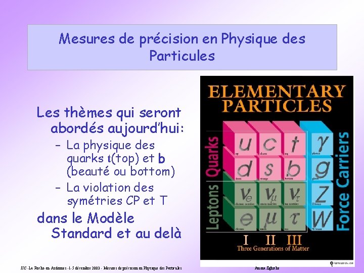 Mesures de précision en Physique des Particules Les thèmes qui seront abordés aujourd’hui: –