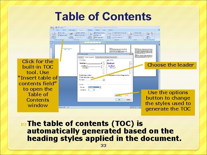 Table of Contents Click for the built-in TOC tool. Use “Insert table of contents