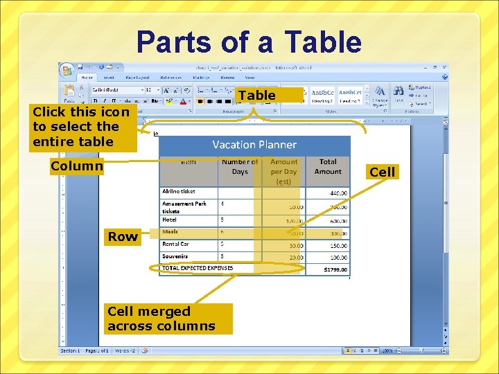 Parts of a Table Click this icon to select the entire table Column Cell