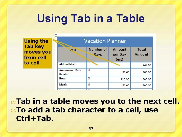 Using Tab in a Table Using the Tab key moves you from cell to