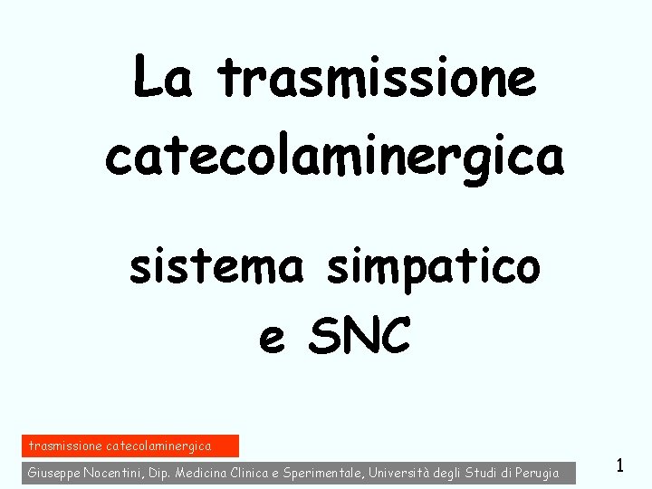 La trasmissione catecolaminergica sistema simpatico e SNC trasmissione catecolaminergica Giuseppe Nocentini, Dip. Medicina Clinica
