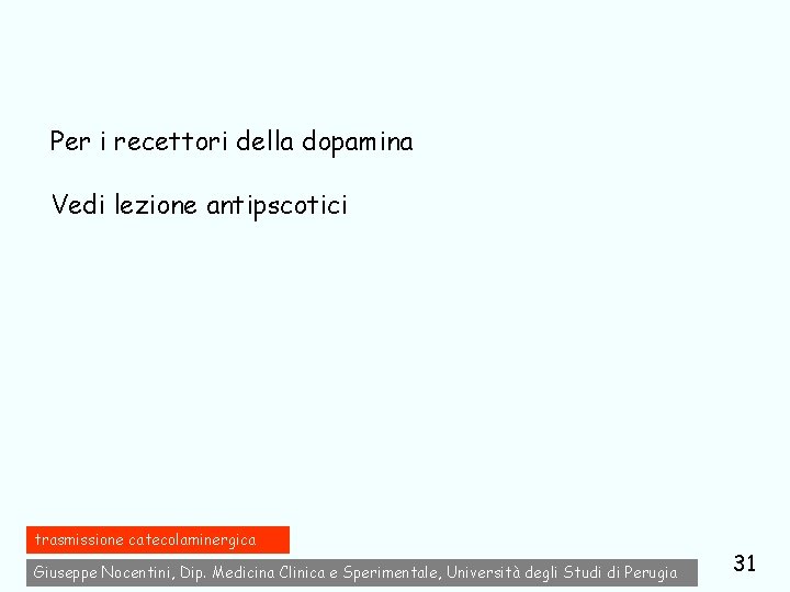 Per i recettori della dopamina Vedi lezione antipscotici trasmissione catecolaminergica Giuseppe Nocentini, Dip. Medicina