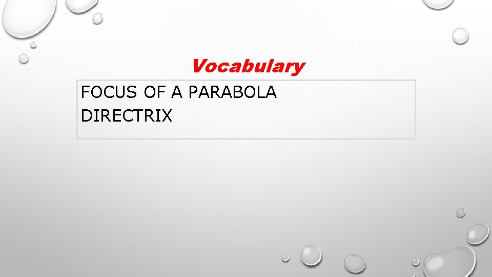 Vocabulary FOCUS OF A PARABOLA DIRECTRIX 