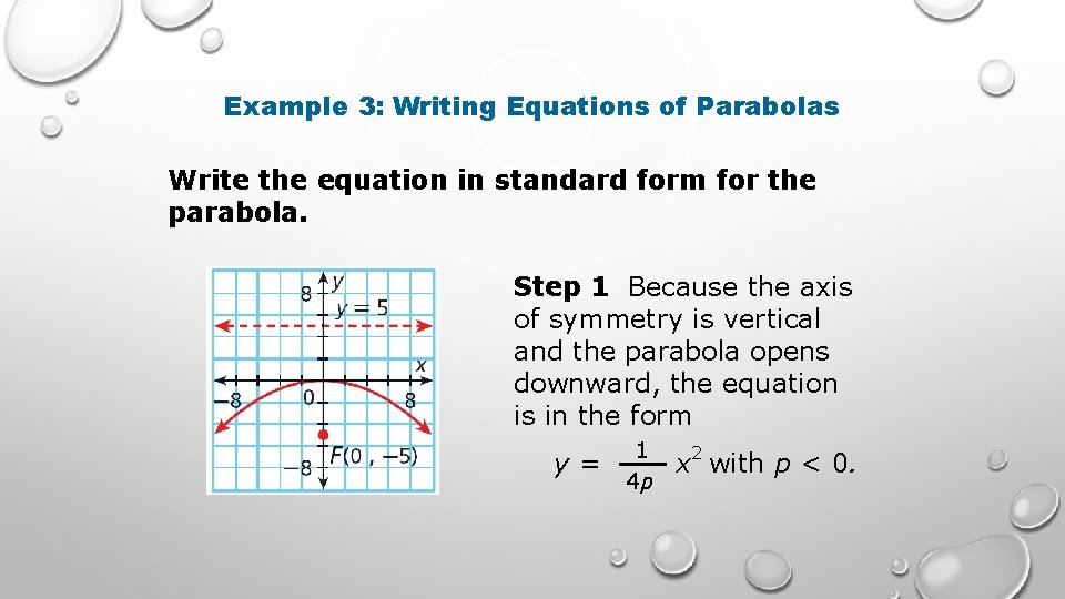 Example 3: Writing Equations of Parabolas Write the equation in standard form for the