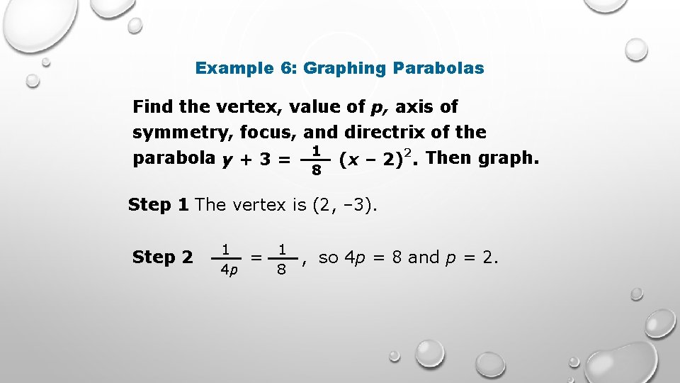 Example 6: Graphing Parabolas Find the vertex, value of p, axis of symmetry, focus,