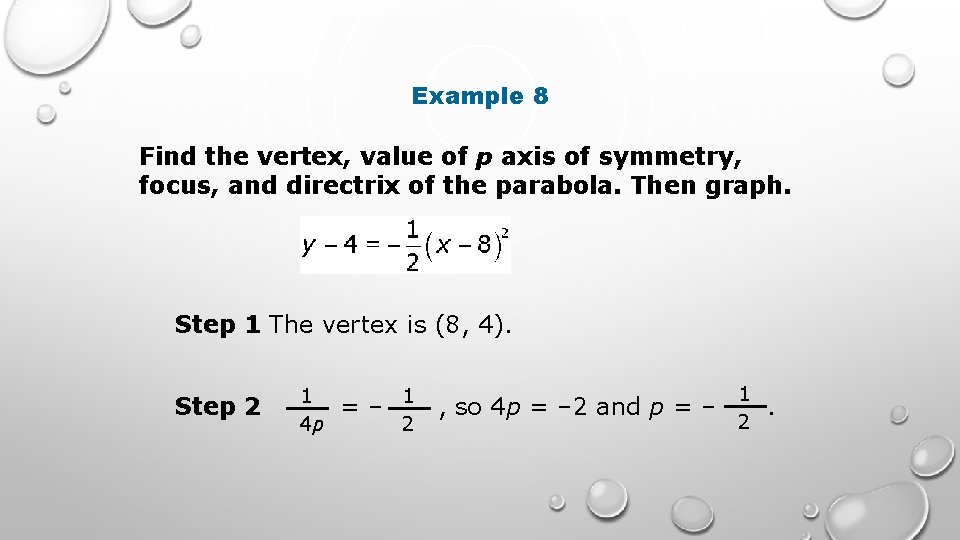 Example 8 Find the vertex, value of p axis of symmetry, focus, and directrix