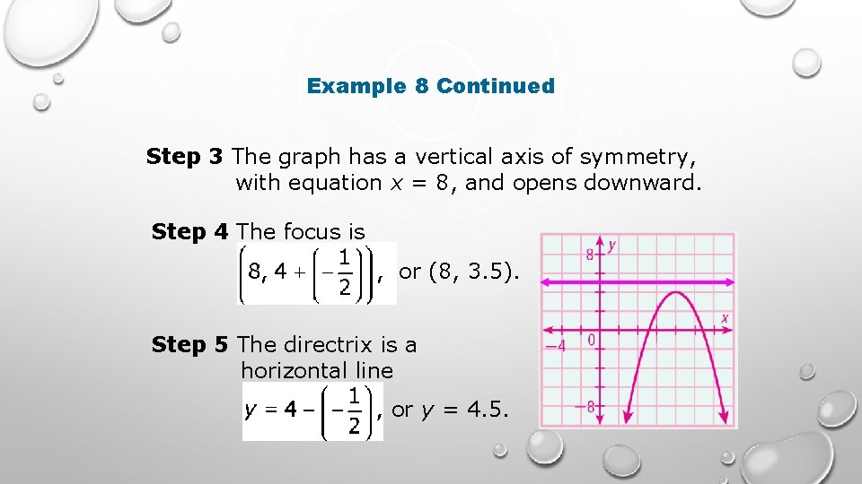 Example 8 Continued Step 3 The graph has a vertical axis of symmetry, with