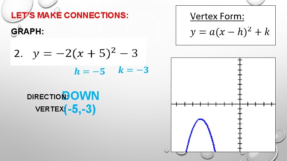 LET’S MAKE CONNECTIONS: GRAPH: DOWN VERTEX: (-5, -3) DIRECTION: 