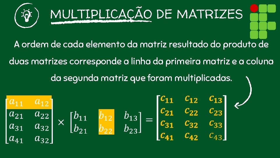 MULTIPLICAÇÃO DE MATRIZES A ordem de cada elemento da matriz resultado do produto de