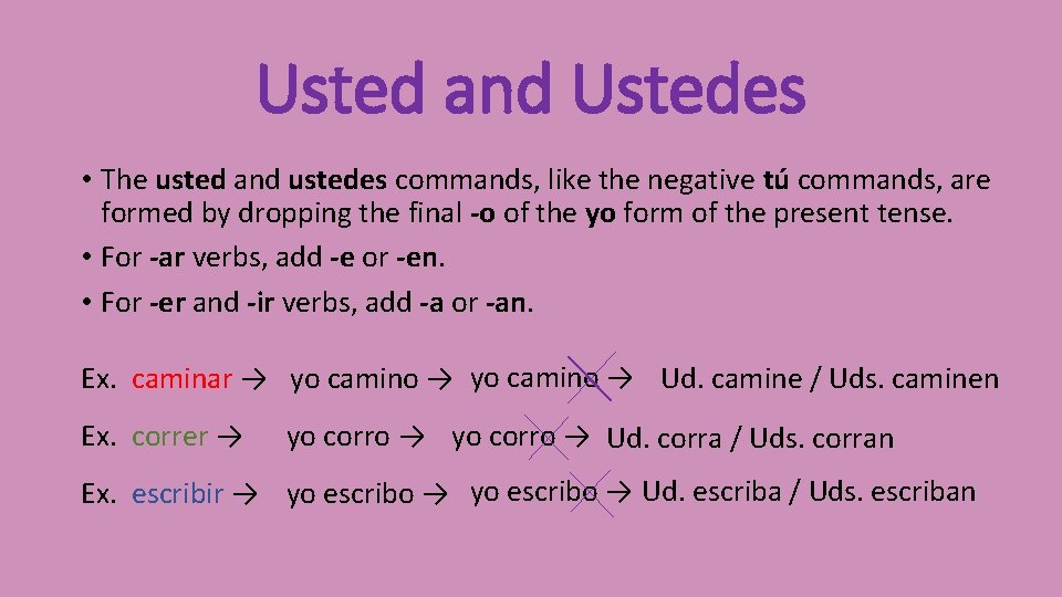 Usted and Ustedes • The usted and ustedes commands, like the negative tú commands,