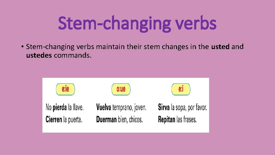 Stem-changing verbs • Stem-changing verbs maintain their stem changes in the usted and ustedes