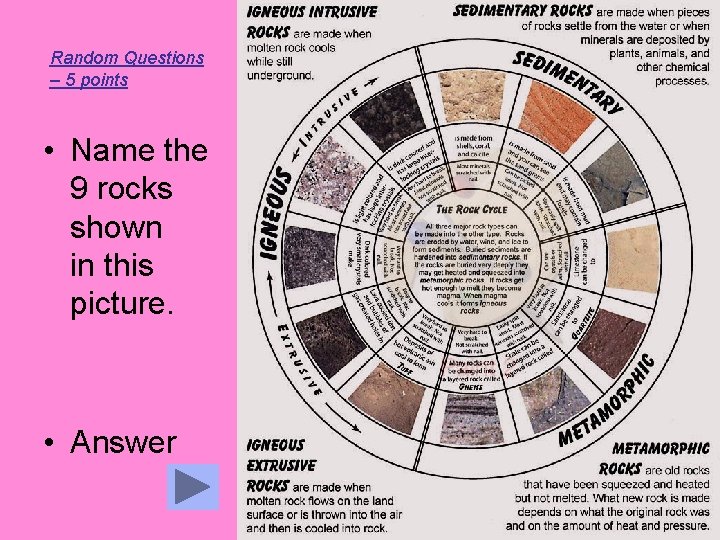 Random Questions – 5 points • Name the 9 rocks shown in this picture.