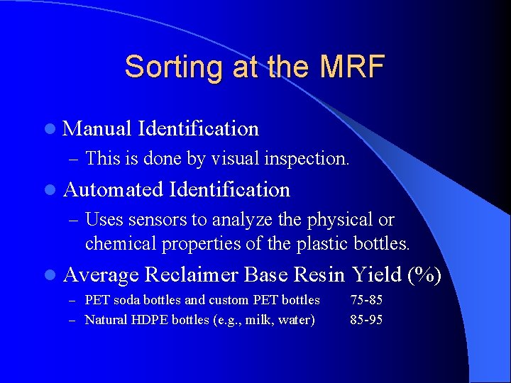 Sorting at the MRF l Manual Identification – This is done by visual inspection.