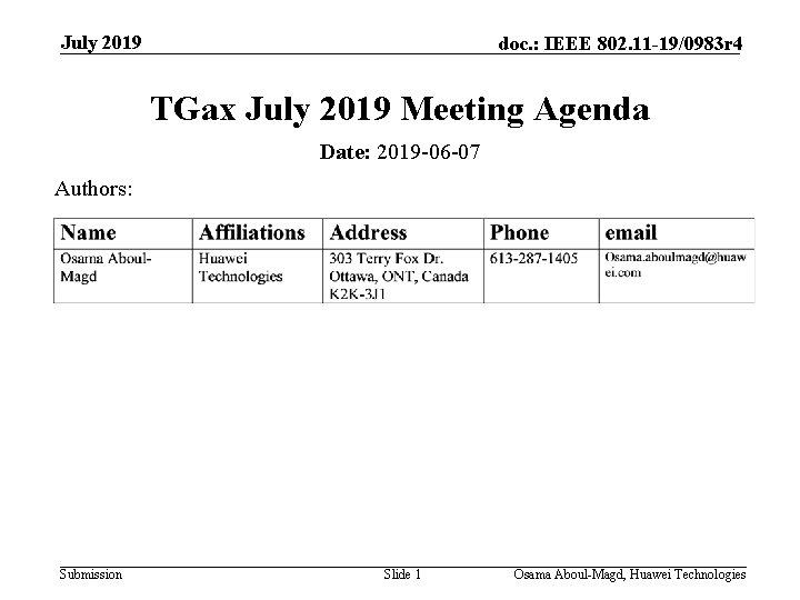 July 2019 doc. : IEEE 802. 11 -19/0983 r 4 TGax July 2019 Meeting
