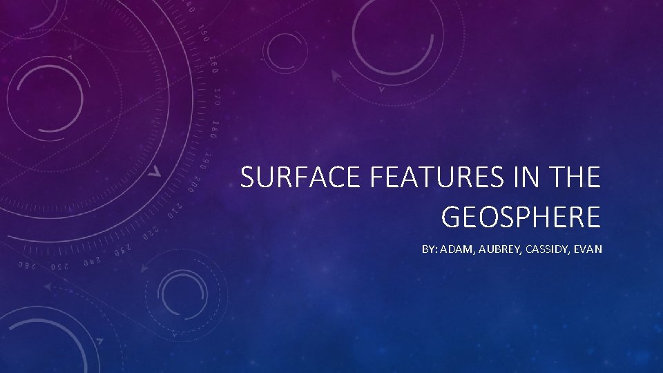 SURFACE FEATURES IN THE GEOSPHERE BY: ADAM, AUBREY, CASSIDY, EVAN 