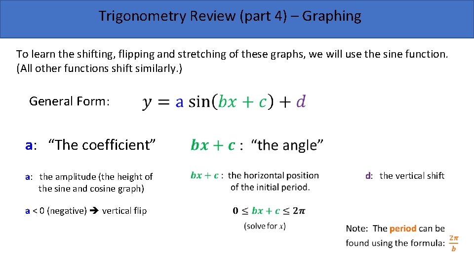 Trigonometry Review (part 4) – Graphing To learn the shifting, flipping and stretching of Trigonometry Review (part 4) – Graphing To learn the shifting, flipping and stretching of