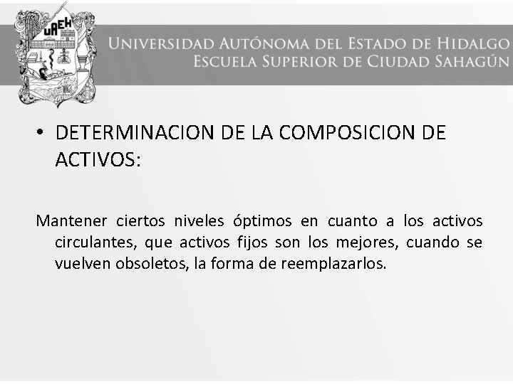  • DETERMINACION DE LA COMPOSICION DE ACTIVOS: Mantener ciertos niveles óptimos en cuanto