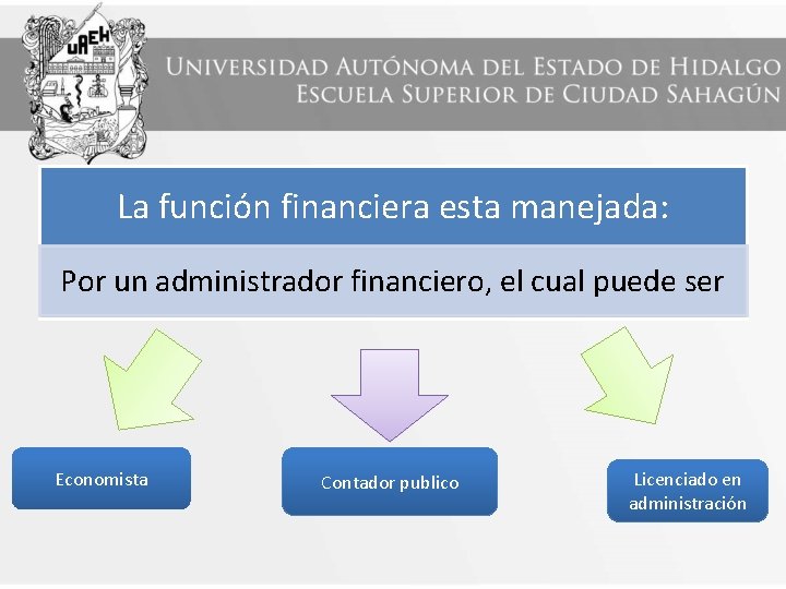 La función financiera esta manejada: Por un administrador financiero, el cual puede ser Economista