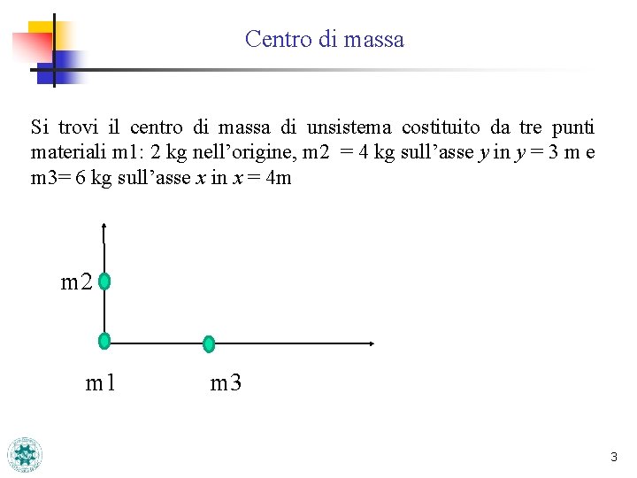 Centro di massa Si trovi il centro di massa di unsistema costituito da tre