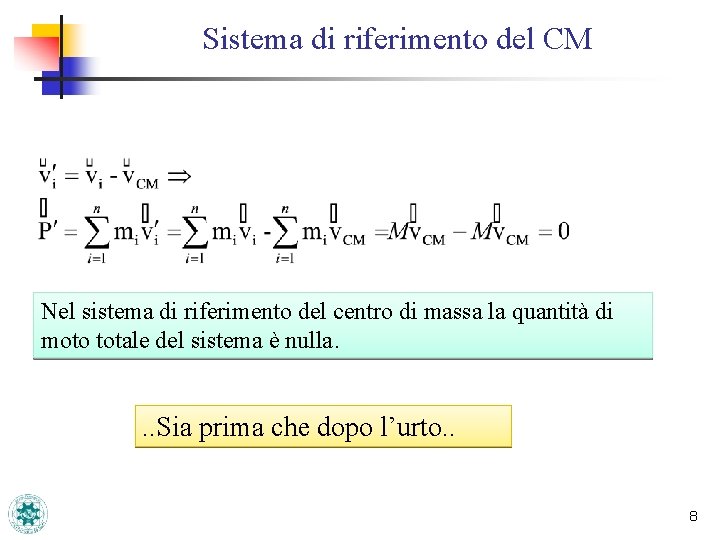 Sistema di riferimento del CM Nel sistema di riferimento del centro di massa la