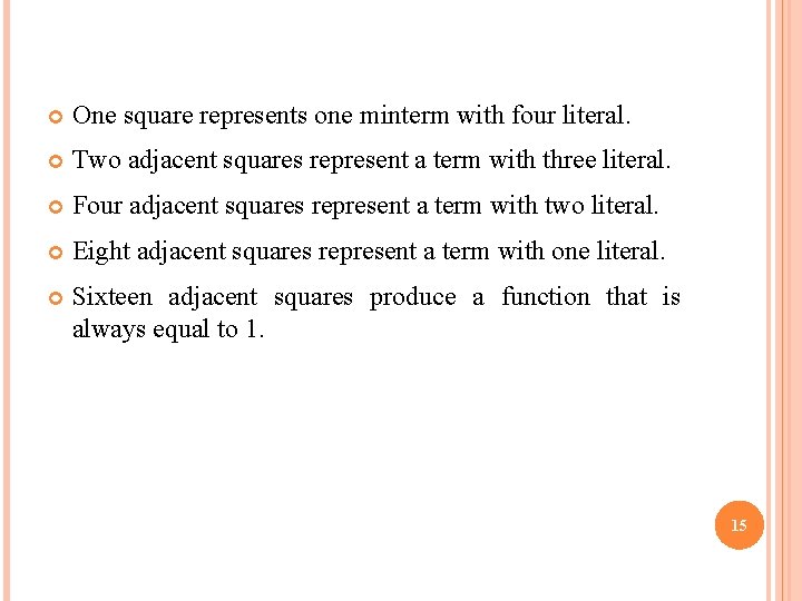  One square represents one minterm with four literal. Two adjacent squares represent a