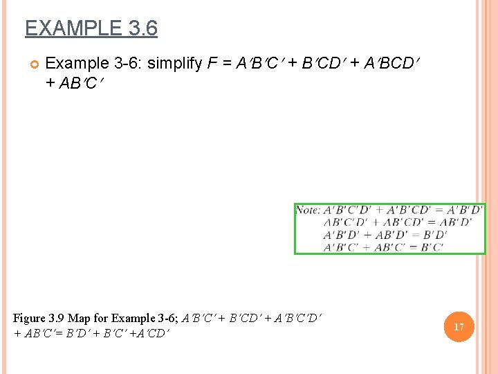 EXAMPLE 3. 6 Example 3 -6: simplify F = A B C + B