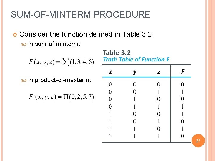 SUM-OF-MINTERM PROCEDURE Consider the function defined in Table 3. 2. In sum-of-minterm: In product-of-maxterm: