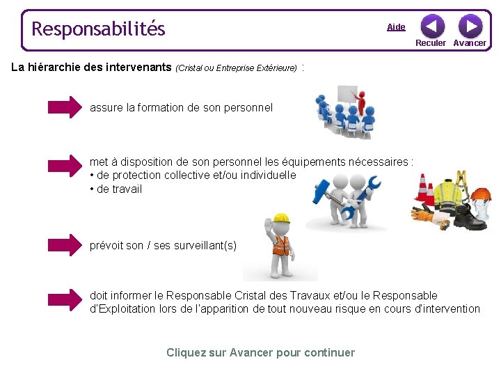 Responsabilités Aide Reculer Avancer La hiérarchie des intervenants (Cristal ou Entreprise Extérieure) : Responsable