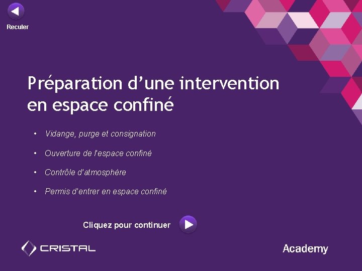 Reculer Préparation d’une intervention en espace confiné • Vidange, purge et consignation • Ouverture