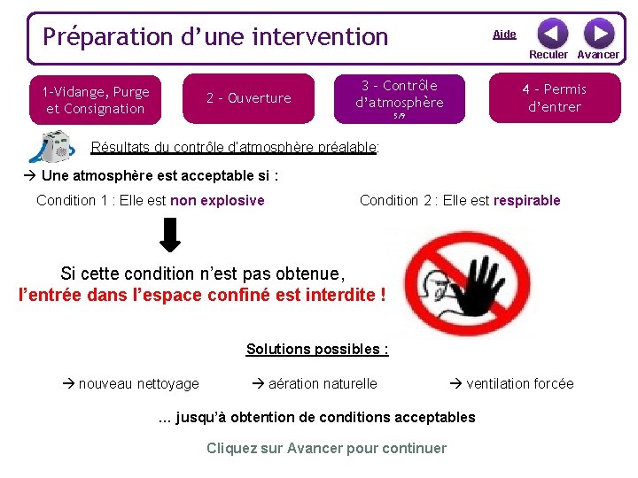 Préparation d’une intervention 1 -Vidange, Purge et Consignation 2 - Ouverture Aide Reculer Avancer