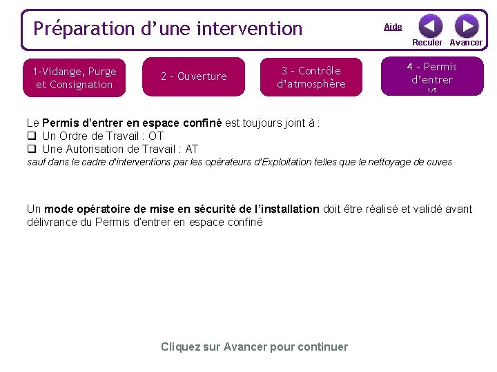 Préparation d’une intervention 1 -Vidange, Purge et Consignation 2 - Ouverture 3 – Contrôle