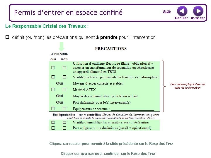 Permis d’entrer en espace confiné Aide Reculer Avancer Le Responsable Cristal des Travaux :