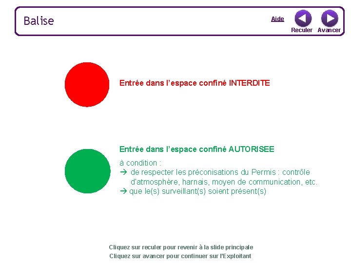 Balise Aide Reculer Avancer Entrée dans l’espace confiné INTERDITE Entrée dans l’espace confiné AUTORISEE