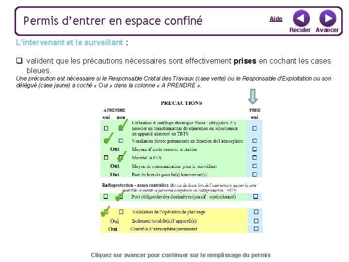 Permis d’entrer en espace confiné Aide Reculer Avancer L’intervenant et le surveillant : q