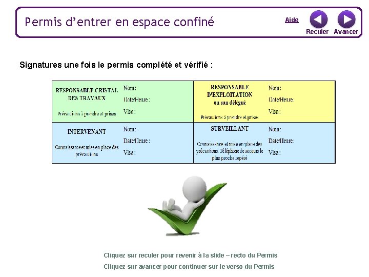 Permis d’entrer en espace confiné Signatures une fois le permis complété et vérifié :